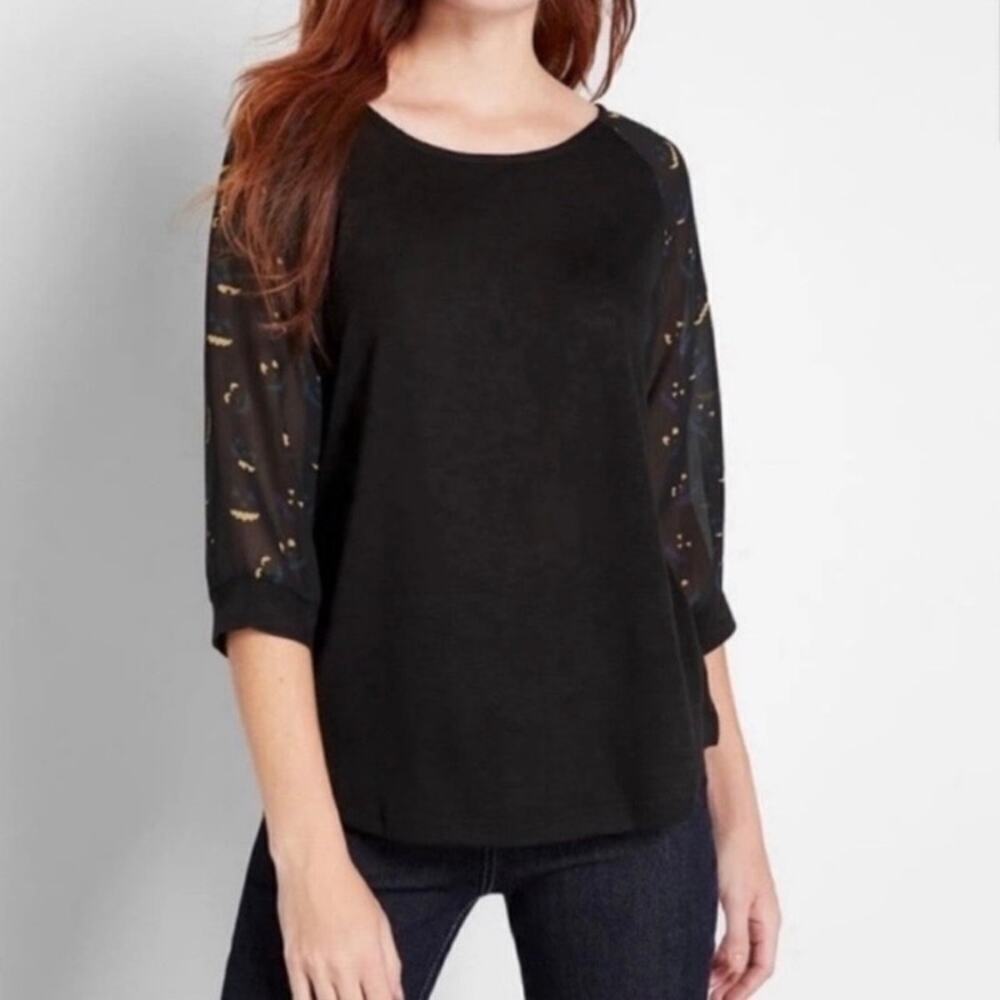 ModCloth Sz S Jack-O-Lantern Printed 3/4 Sleeve Keyhole Back Halloween Shirt